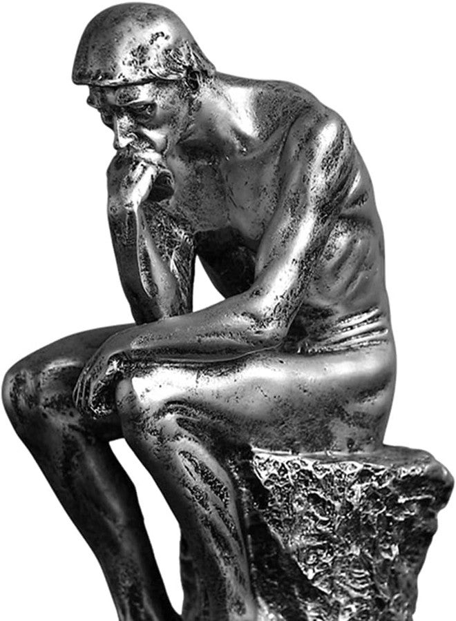 Joylern Resin Thinker Statue Thinker Figurine Thinking Man Sculptures for Home Office Desktop Crafts Gifts - Silver - Image 2